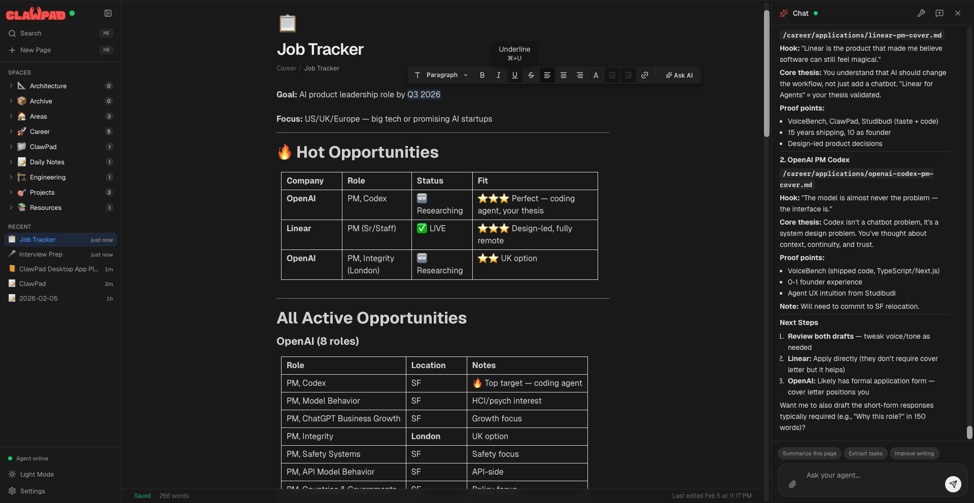 ClawPad Editor Preview - Job Tracker with AI Chat